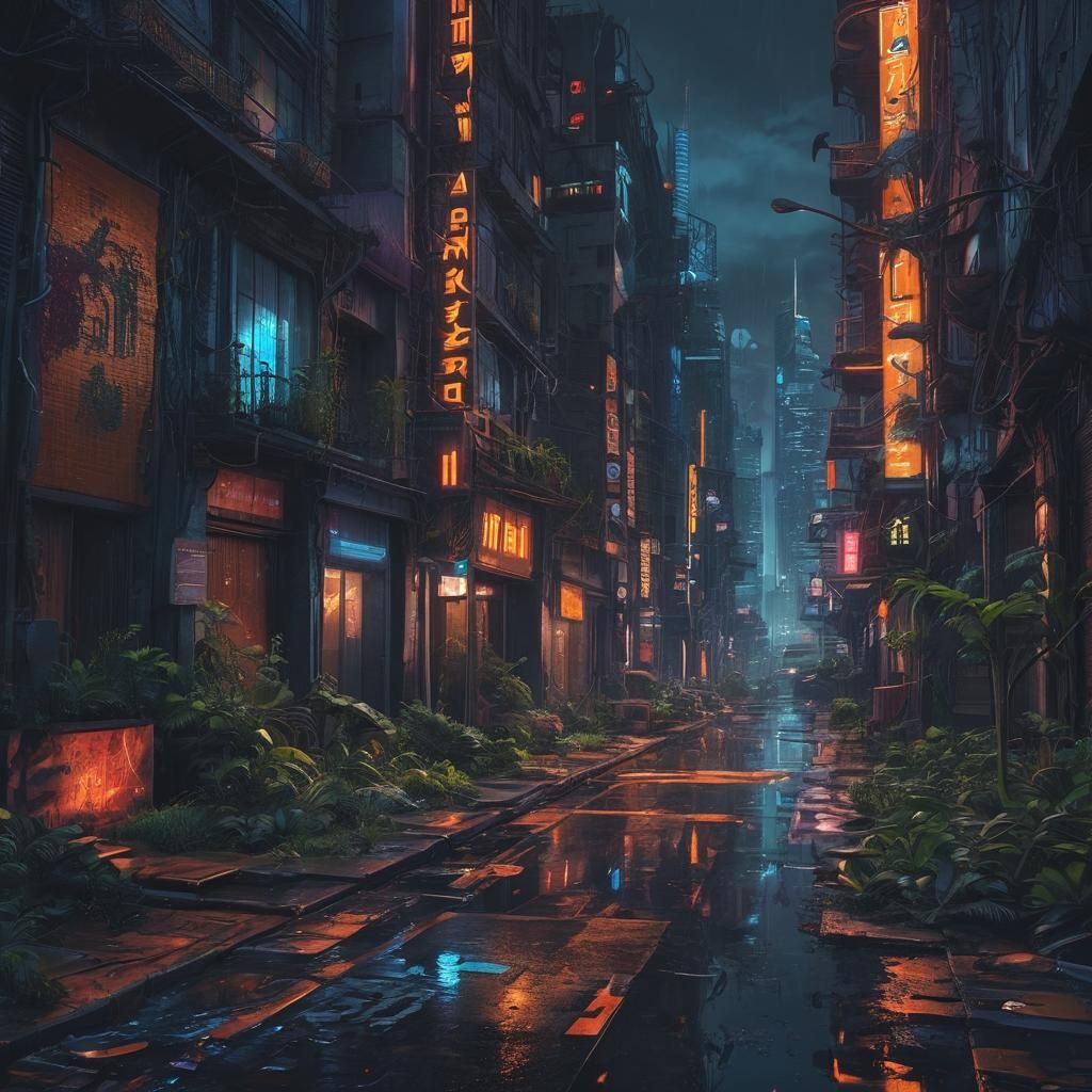 Cyberpunk Cityscape with Neon Lights and Crumbling Buildings