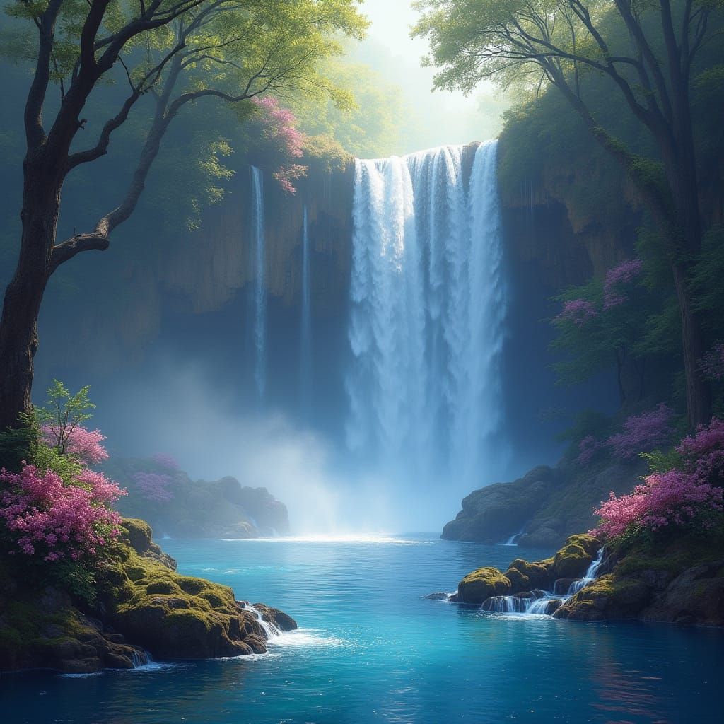 Fantasy Waterfall with Colored Water in Ethereal Mist