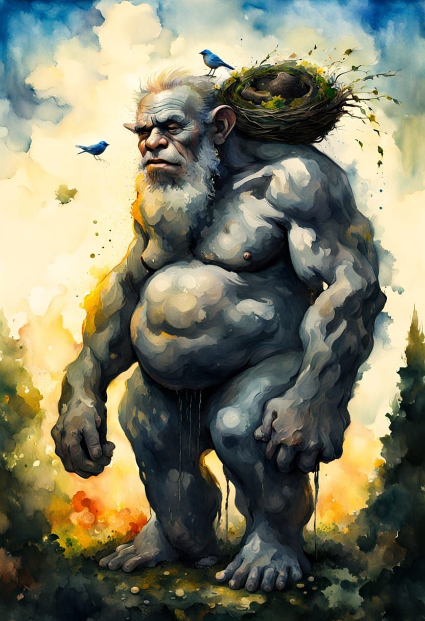 Stone Troll in Orchard: Fantasy Watercolor Art