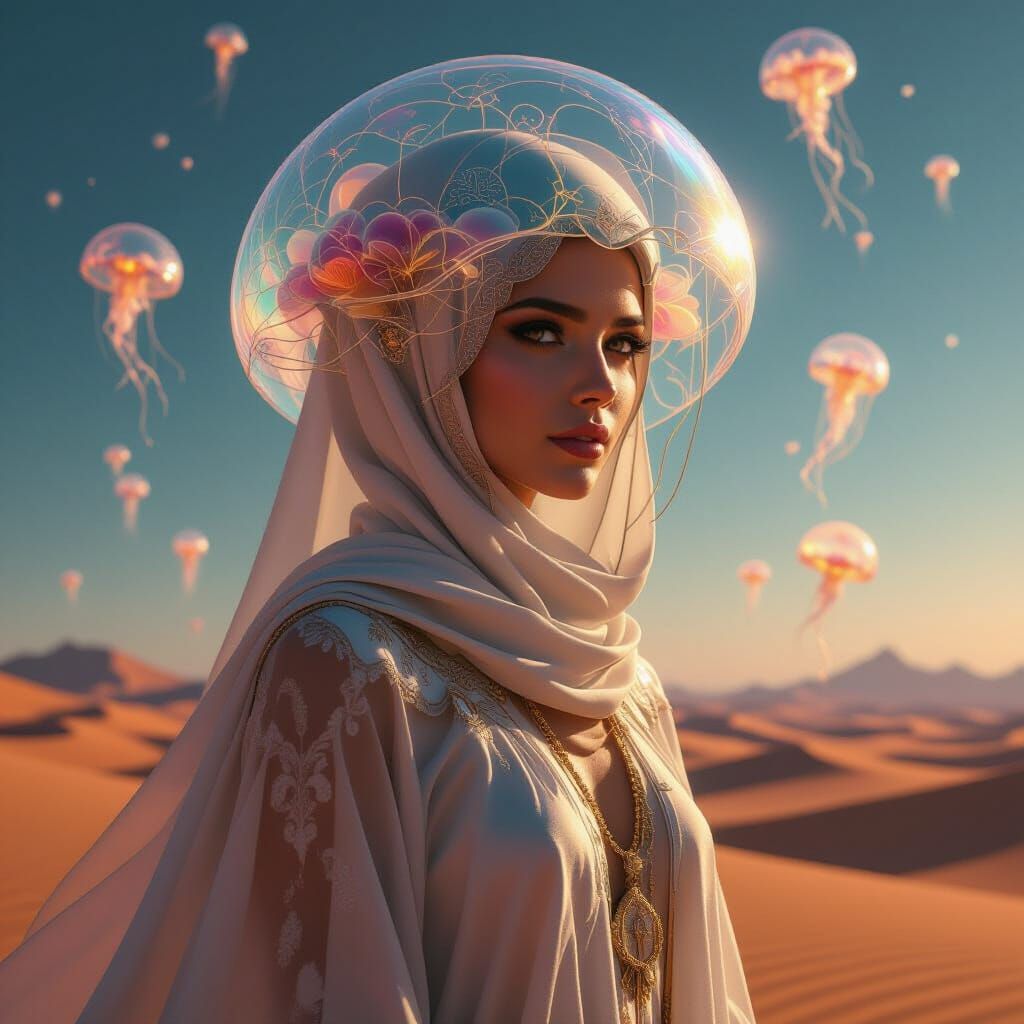 Jellyfish in Translucent Robes Above Desert Landscape