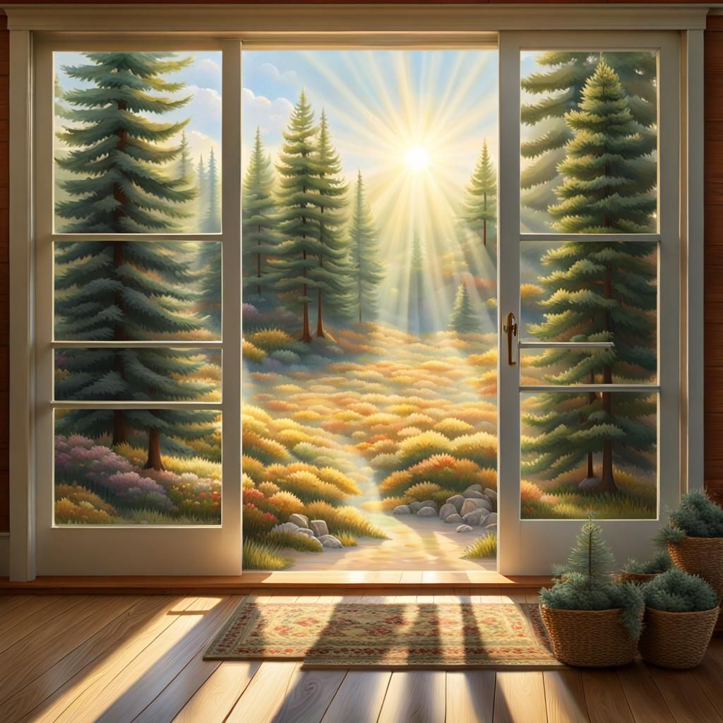 Looking out a sliding glass door at your dogs taking a nap on the porch on a bright sunny day... open field past them wi...