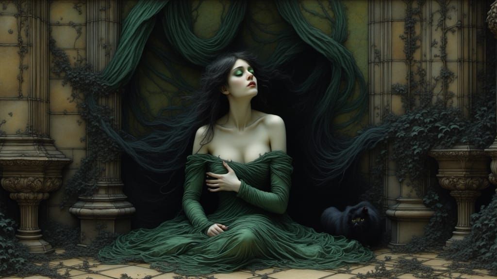 Ethereal Witch in Richly Adorned Chamber