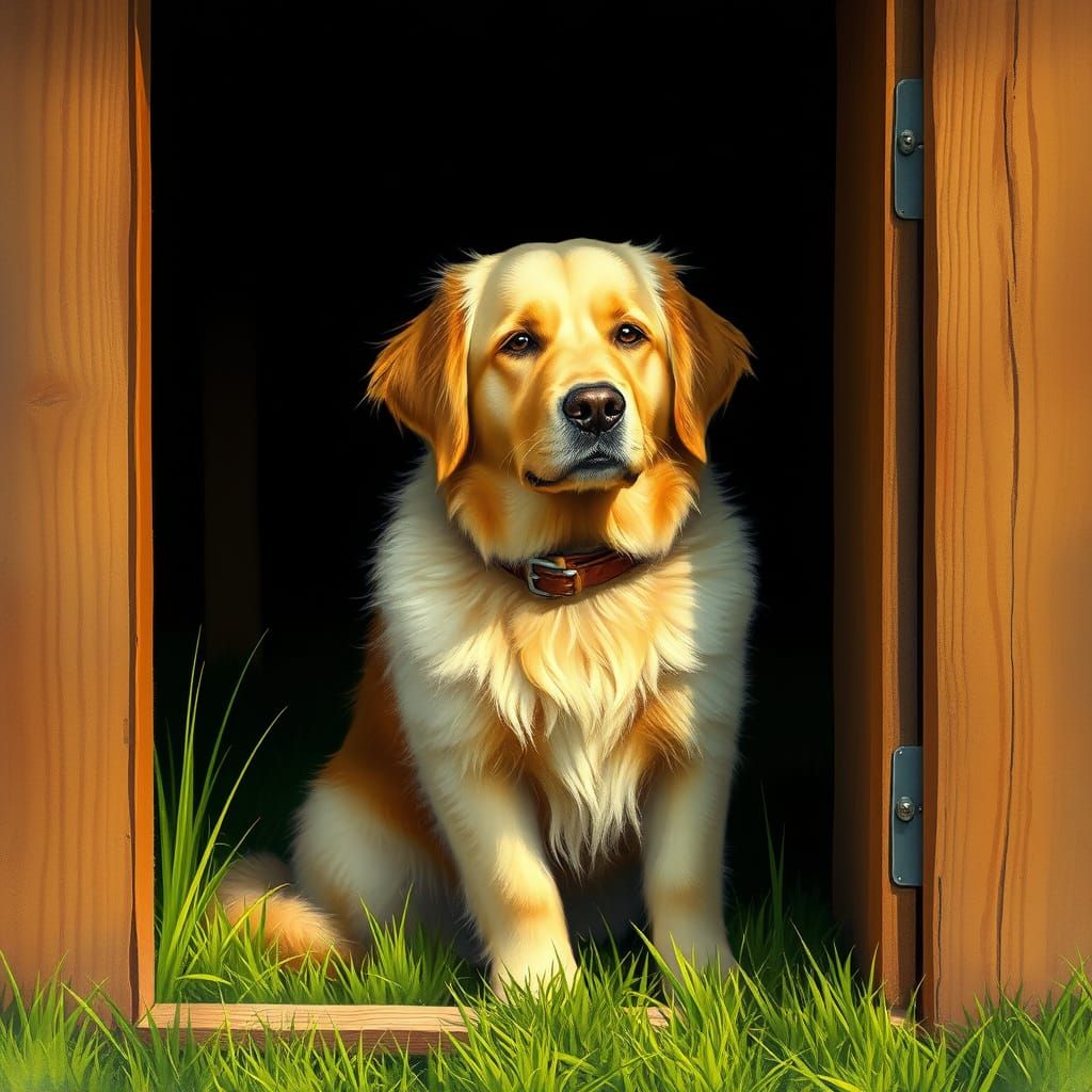 Golden Retriever in Kennel, Serene Animal Portrait
