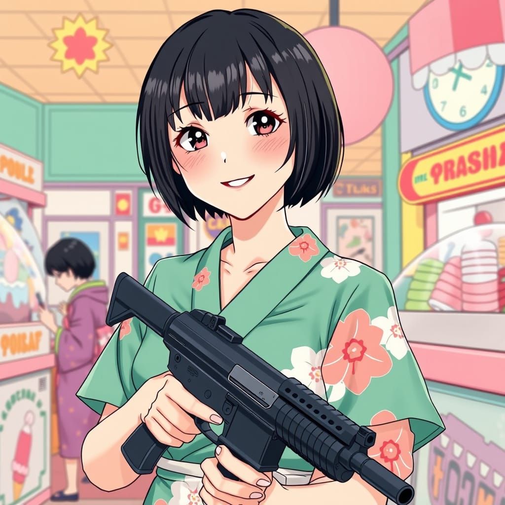 Cute Japanese Lady in Ice Cream Shop, Pop Art Style