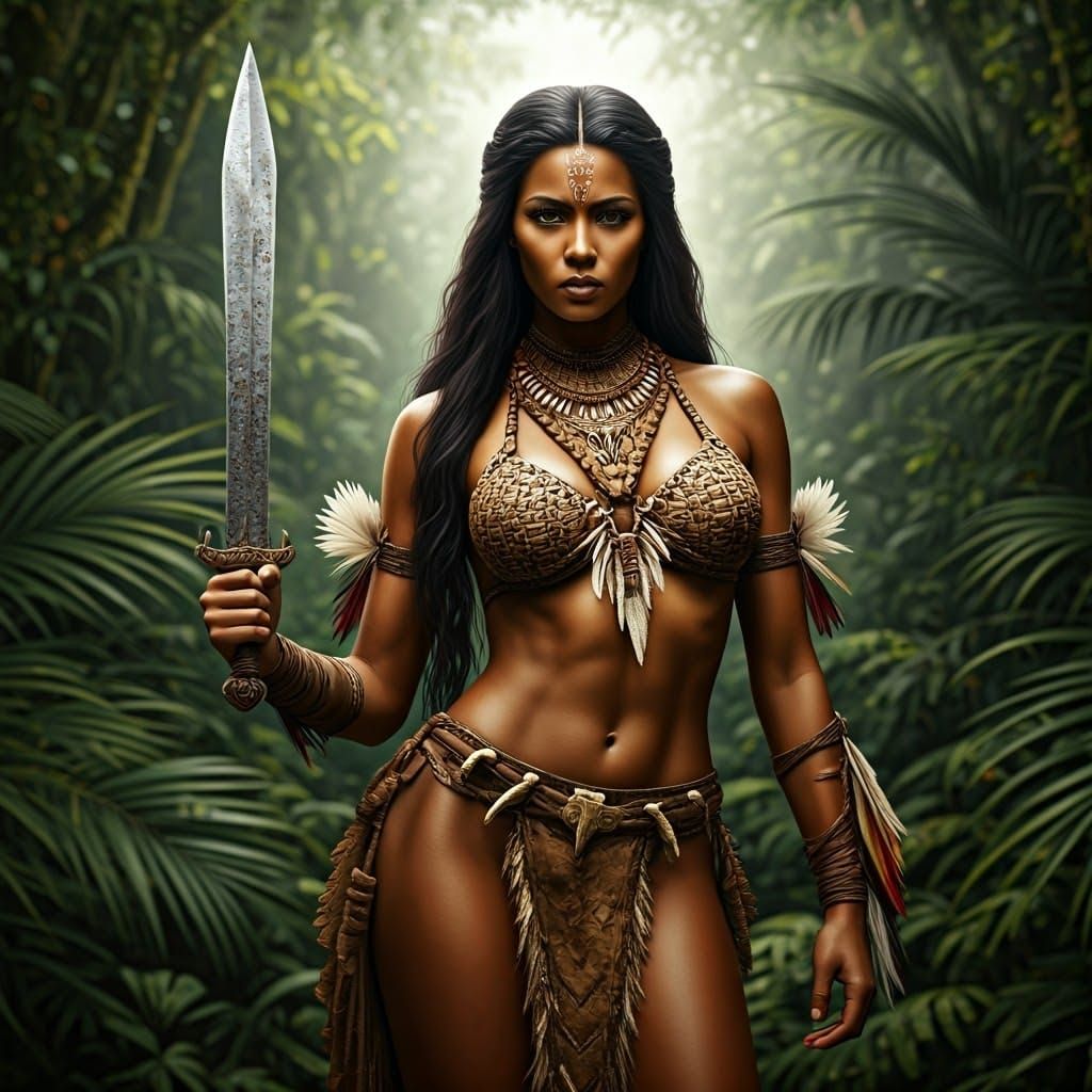 Amazon Warrior in Jungle, Hyperrealistic Rendering