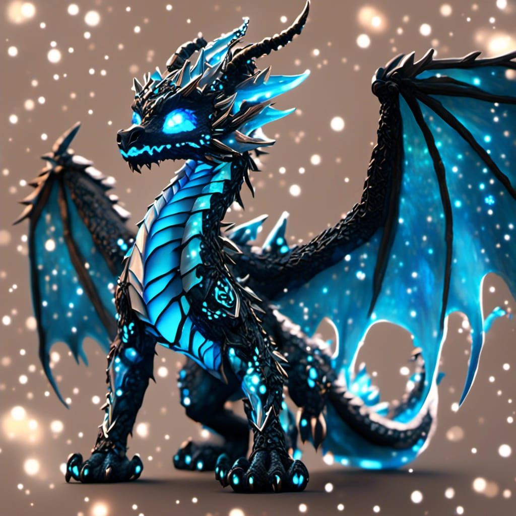 Bioluminescent Chibi Dragon with Snowflakes, Hyper-Detailed