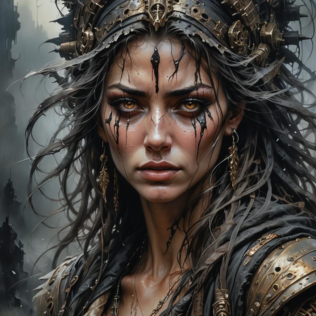 Sorrowful Woman in Post-Apocalyptic Acrylic Painting