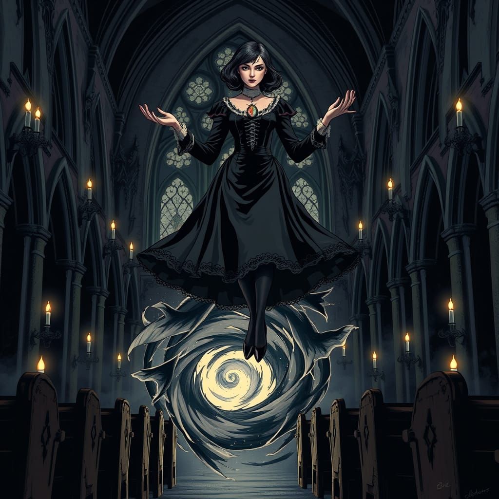 Gothic Sorceress Levitates Above Pews in Haunting Church Sce...