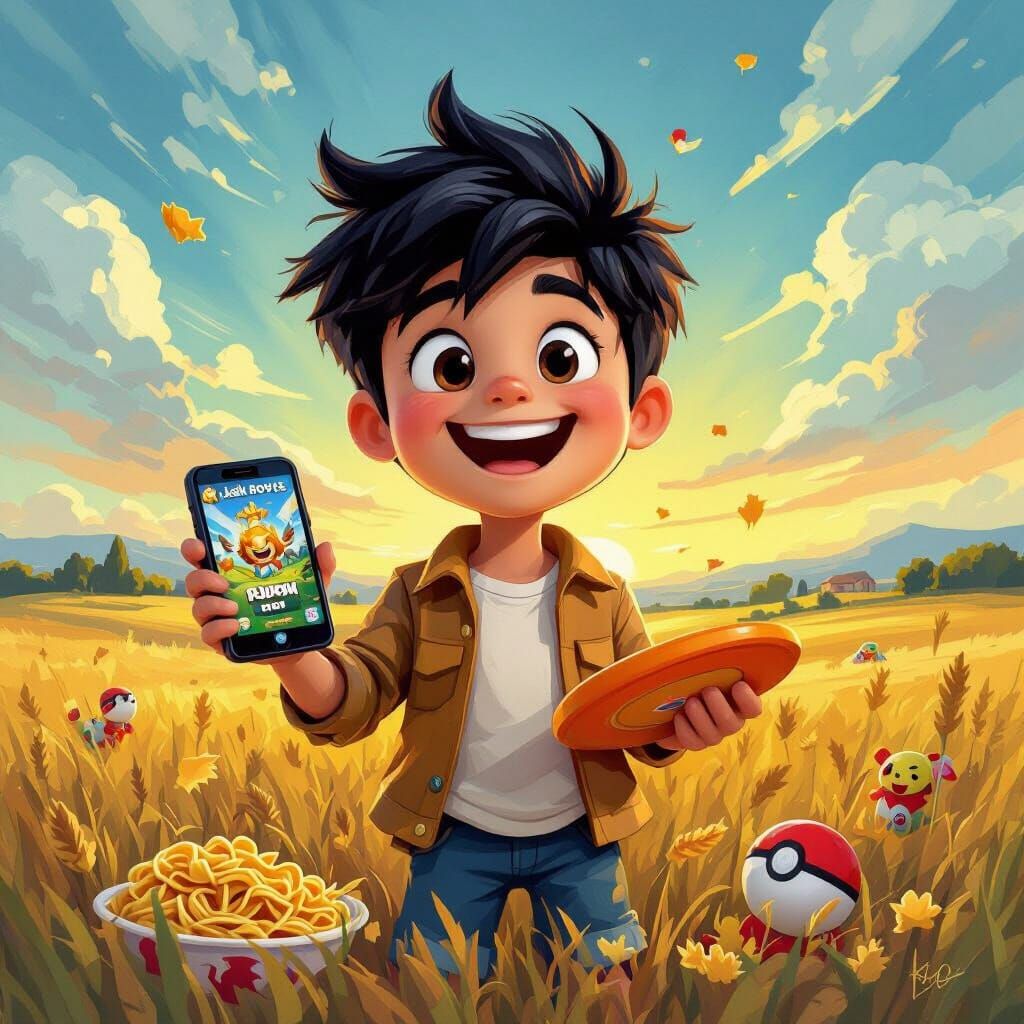 Boy with Phone and Frisbee in Van Gogh Style