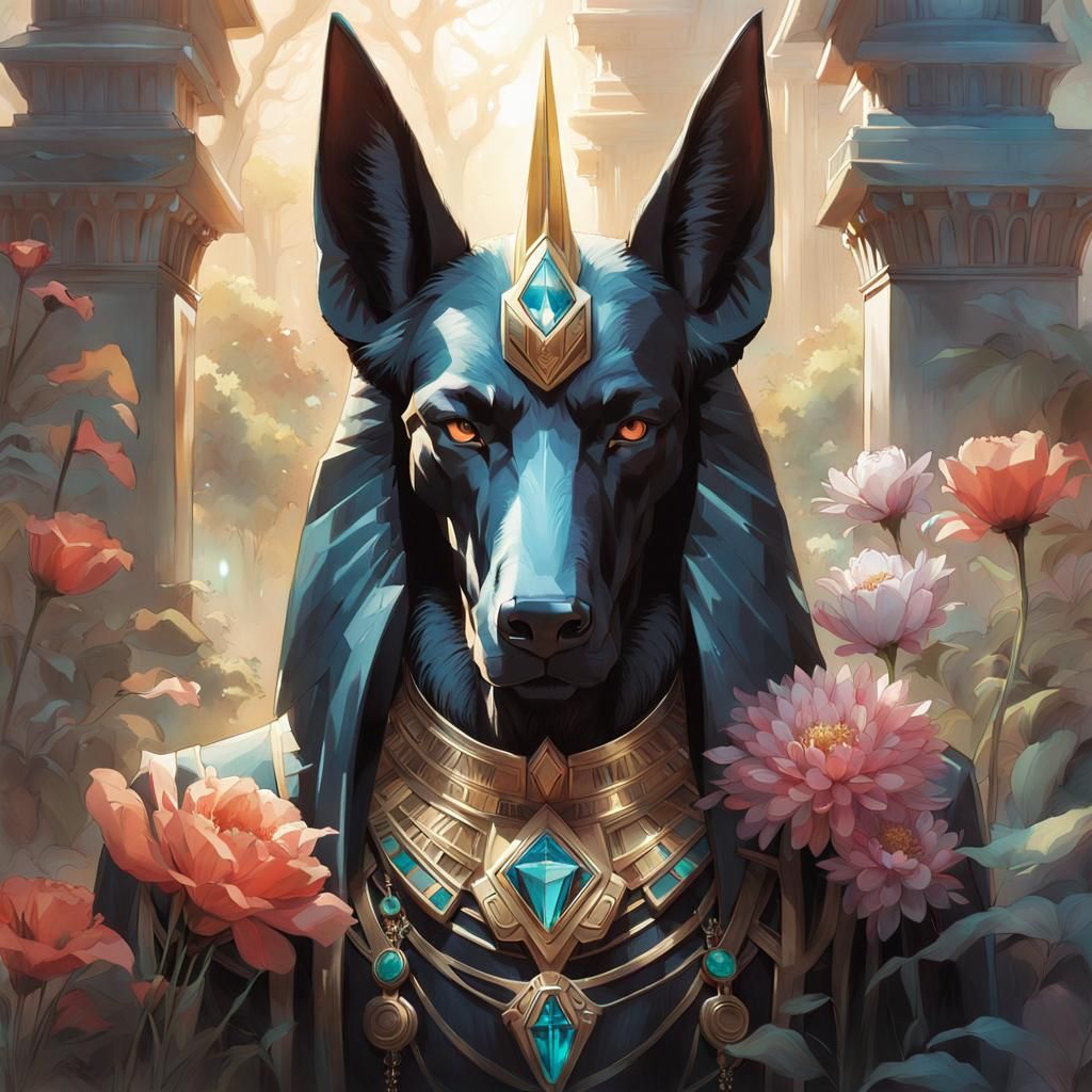 Majestic Anubis with Crystal Jewelry in Ethereal Forest