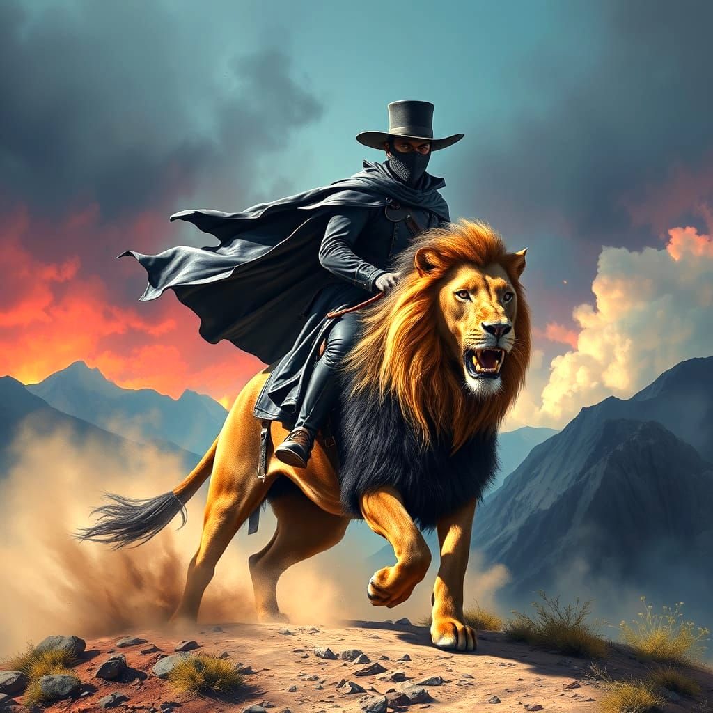 Zorro Rides a Lion on Mountain Path