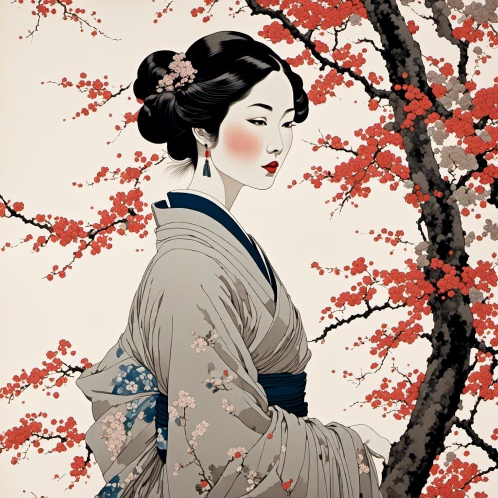 Elegant Korean Woman Portrait in René Gruau Style