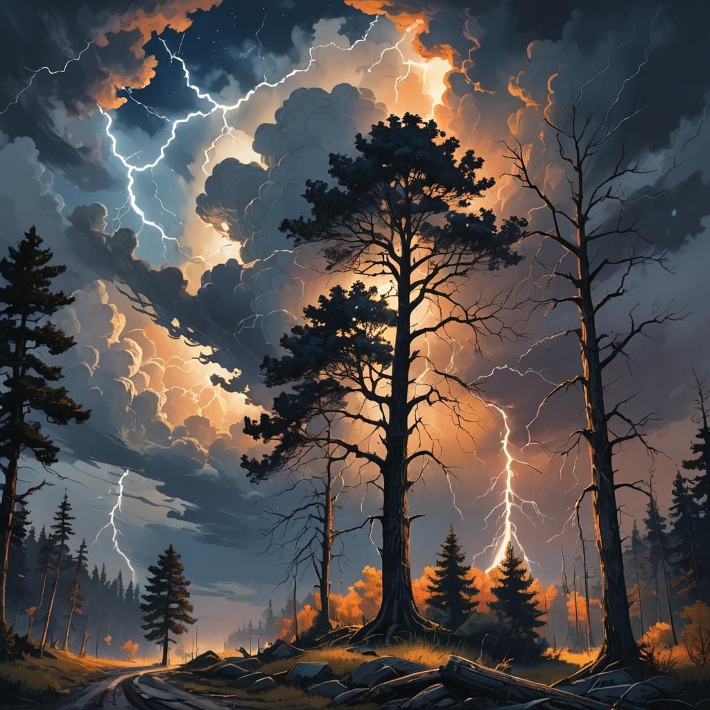 Moonlit Fantasy Landscape with Towering Trees