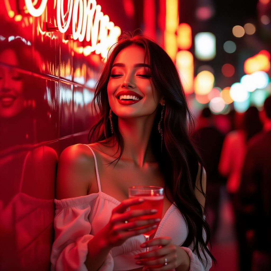 Woman Dancing near Neon Lights, in Art Nouveau Style