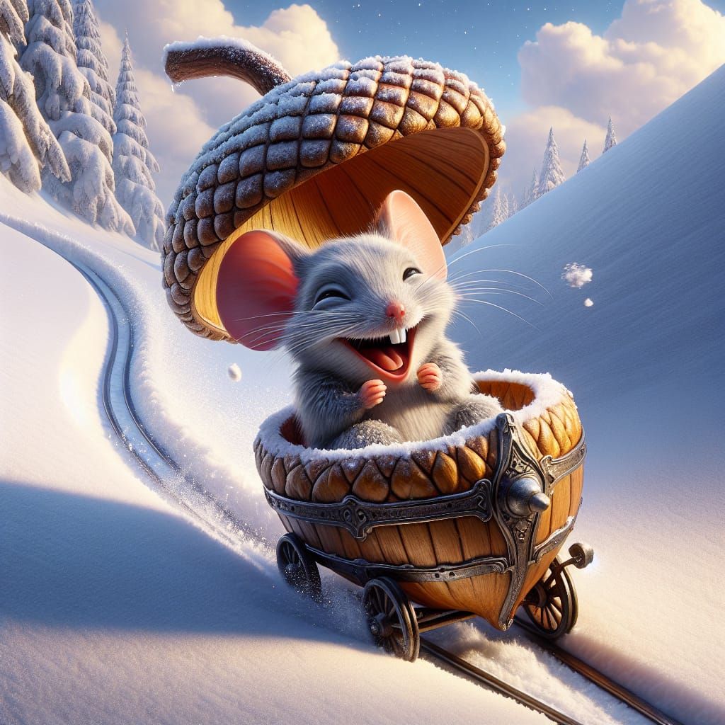 Fantasy Mouse in an Acorn Car Descends a Snow-Covered Slope....