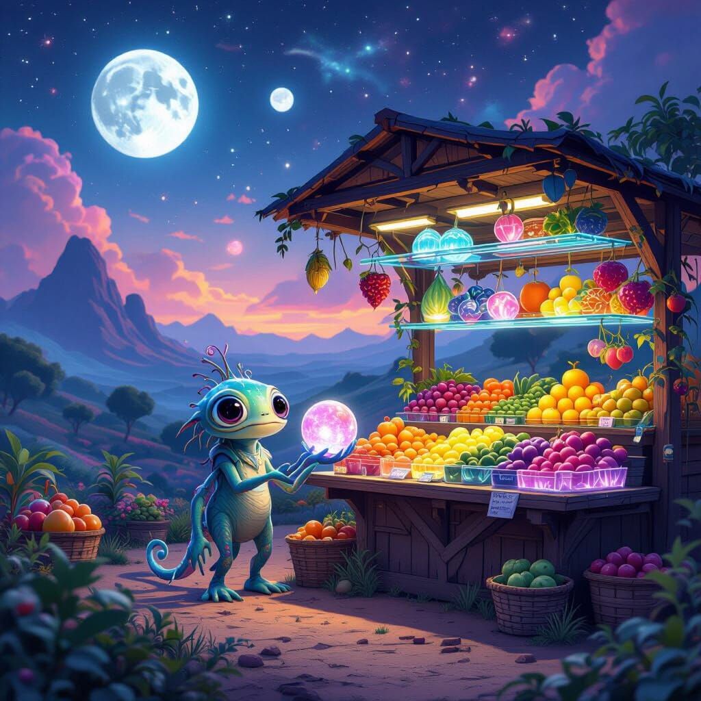 Alien Farmstand with Glowing Produce in CGI Style