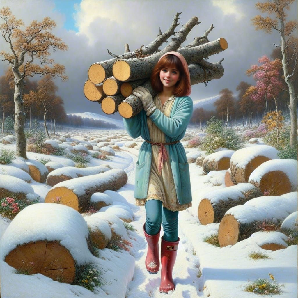 Girl Carrying Logs in Snowy Landscape as Painting