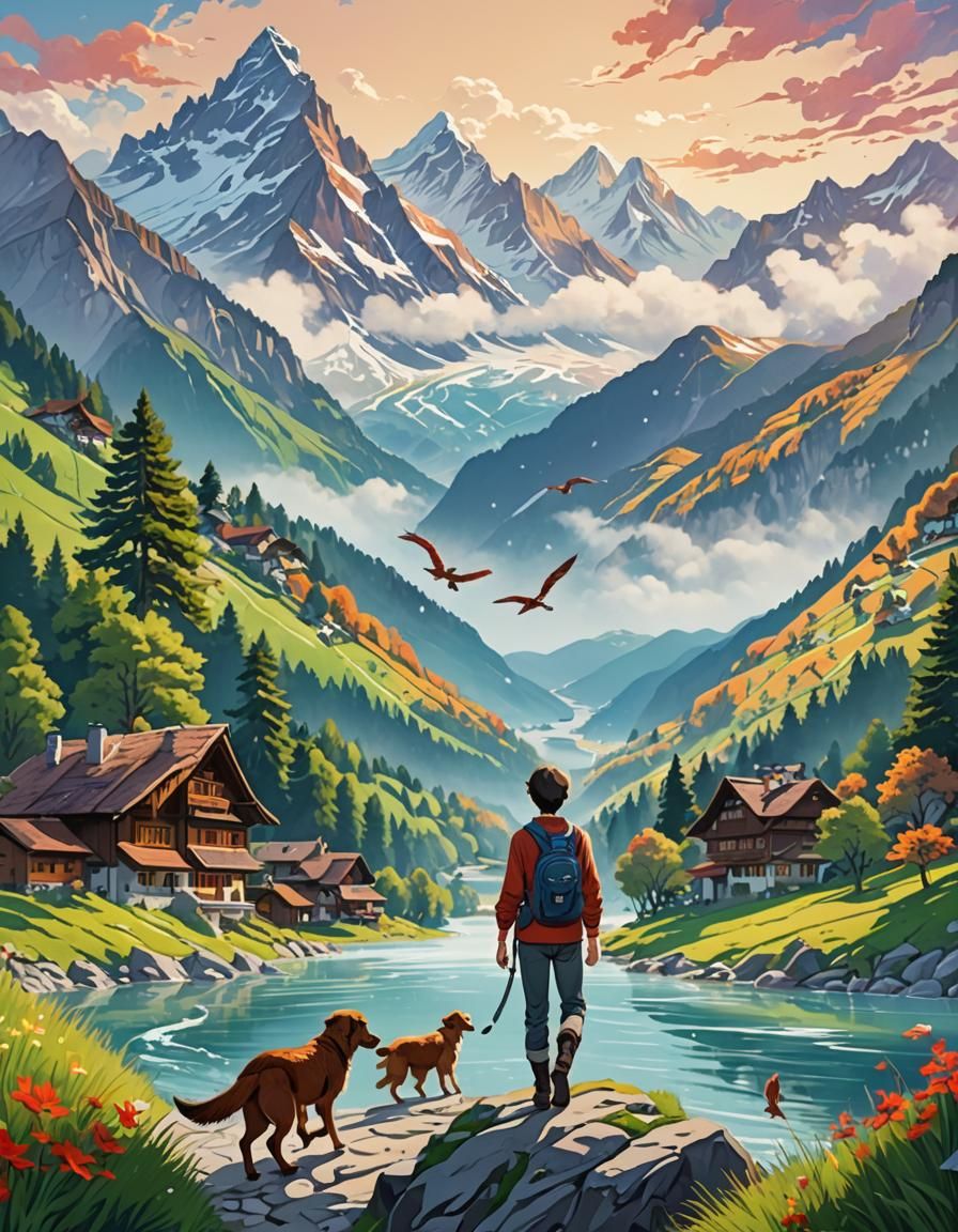 Swiss Boy Herding Raptors in the Alps