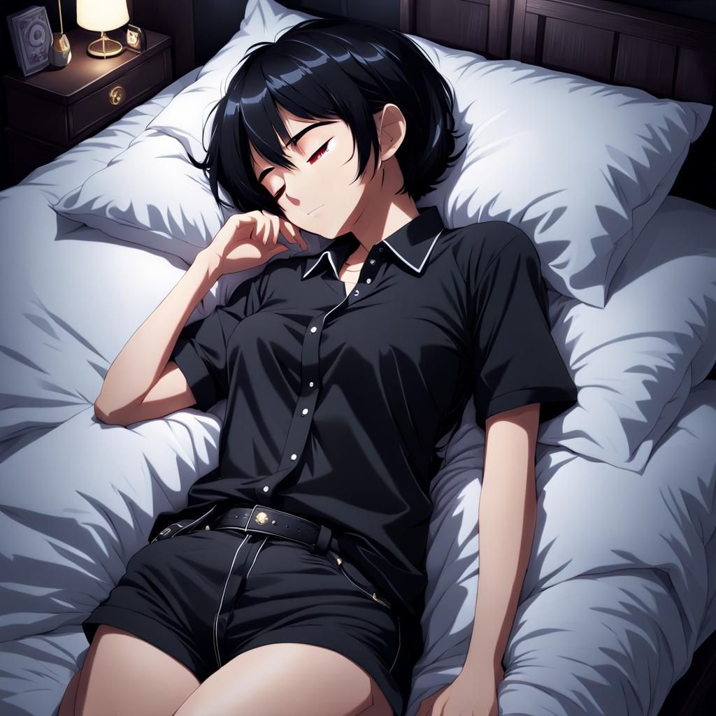 Anime Style Image of a Woman Sleeping at Night