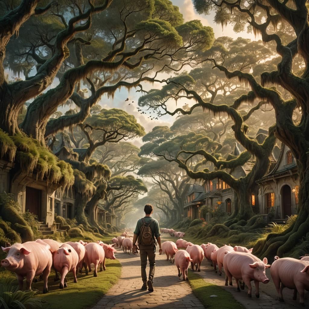 Man Walks Path with Moss Trees: Fantasy Art