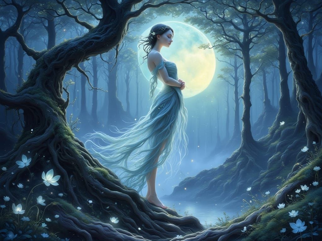 Ethereal Tree Nymph in Enchanted Moonlight Forest