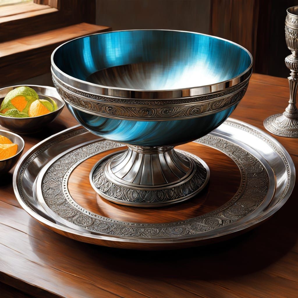 Silver Bowl and Goblet in Pre-Raphaelite Anime Style