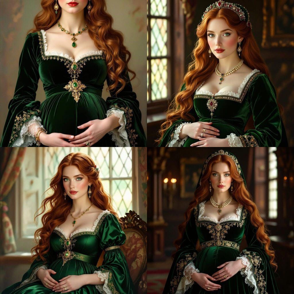 Tudor Era Pregnant Woman with Red Hair and Green Eyes