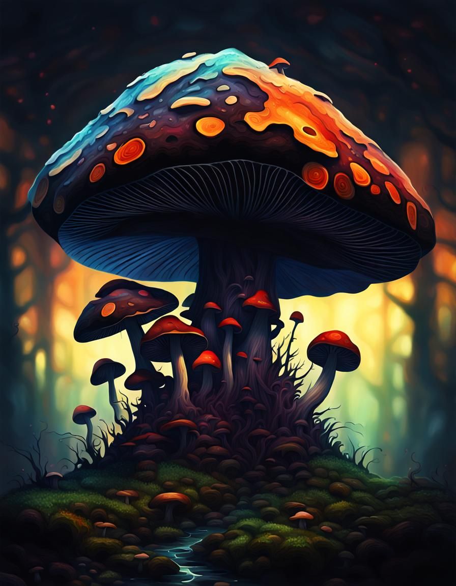 Abstract Mushroom Cube in Dark Fantasy Style