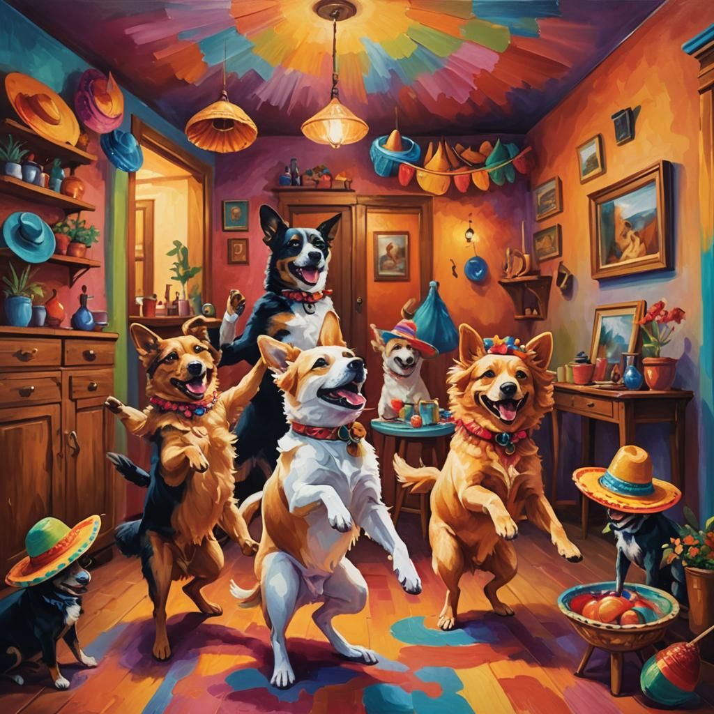 Dogs Dancing in Colorful Home as Oil Painting