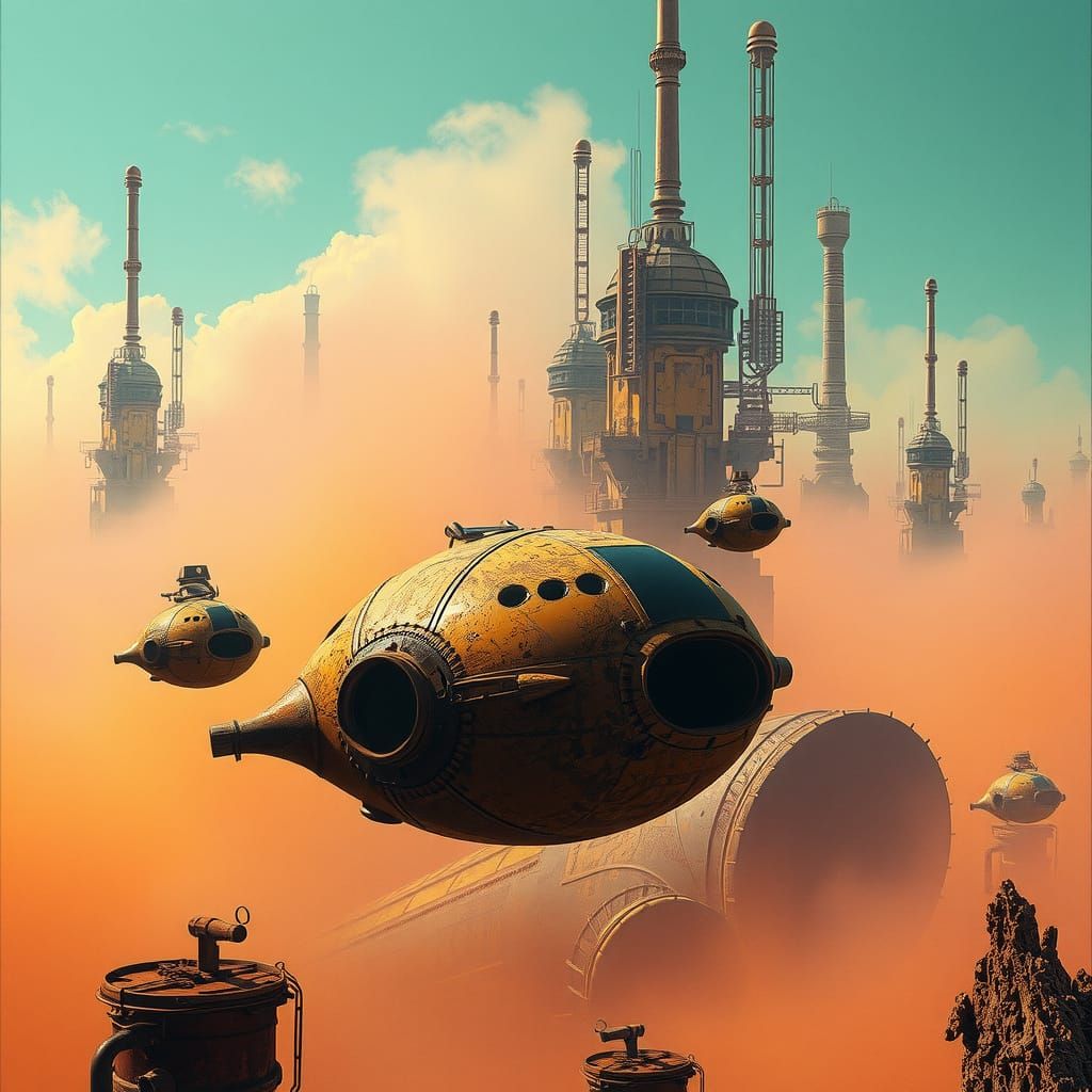 Dystopian Industrial Landscape with Hover Vehicles