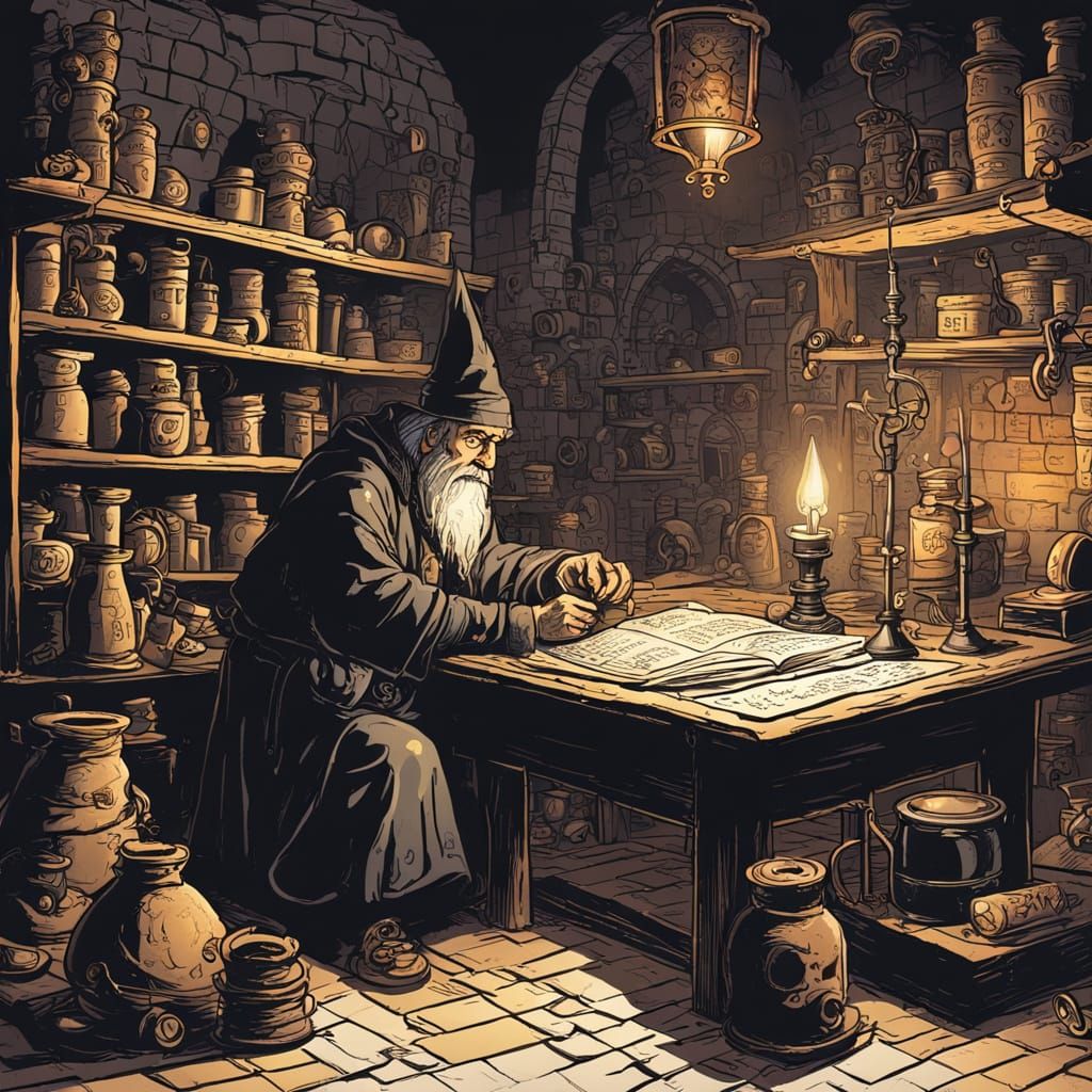 Mysterious Alchemist Wizard Studies Ancient Scrolls in a Dim...