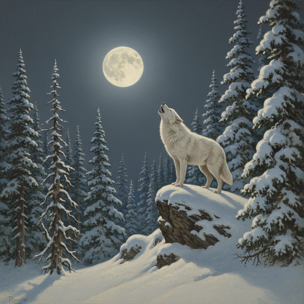 Lone Wolf Howling at Full Moon on Snowy Ridge