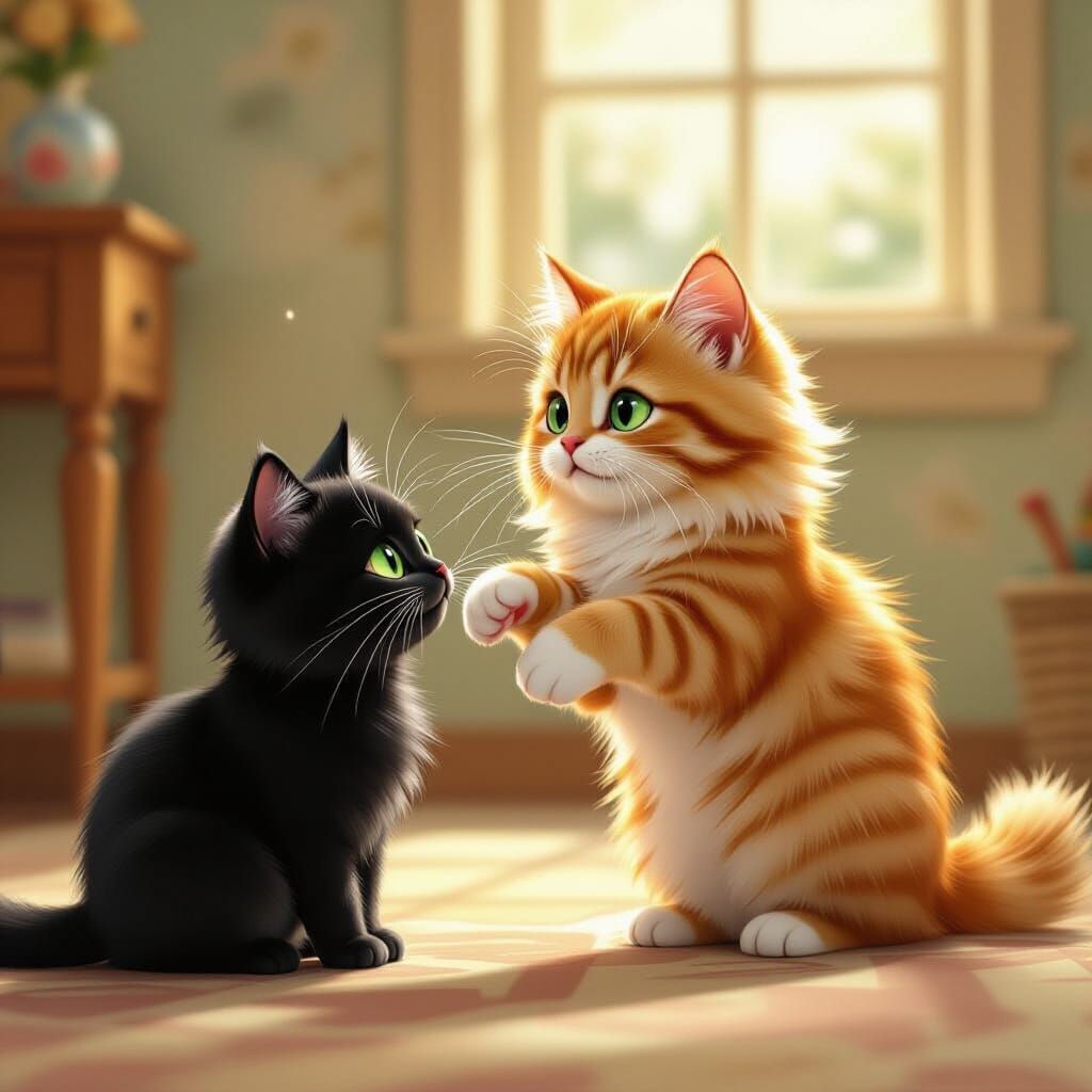 Fluffy Orange Cat Plays With Black Cat