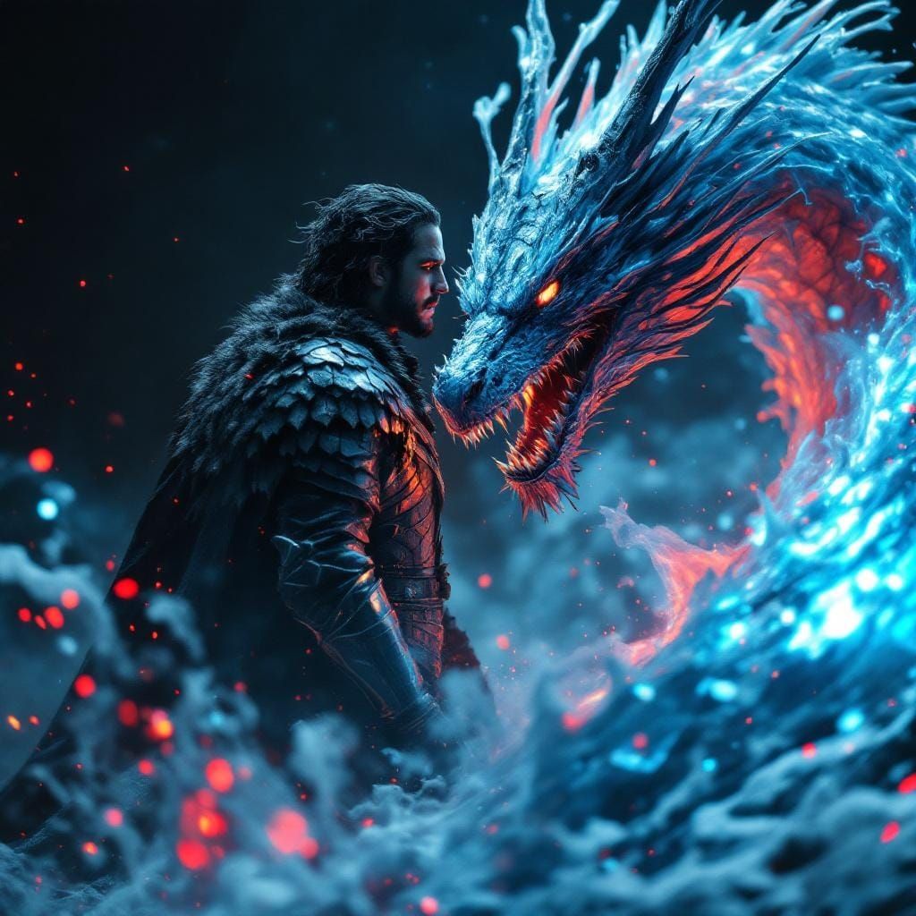 Jon Snow in Fiery Toxic Wasteland with Ice Dragon