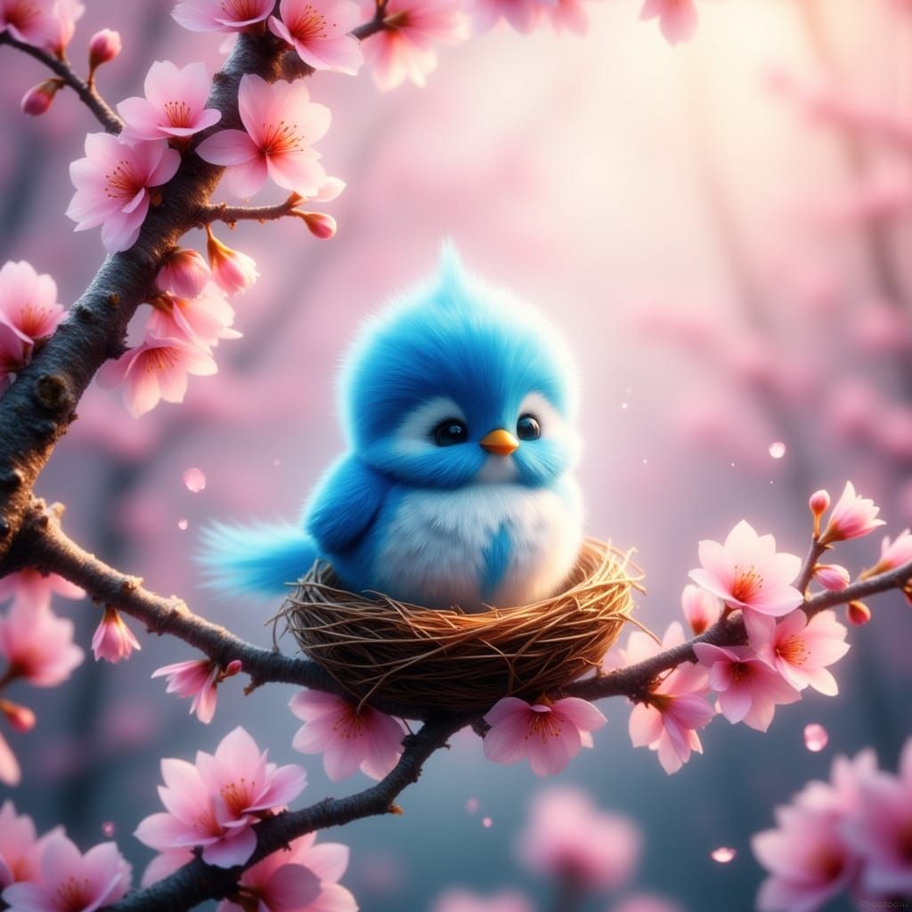 Whimsical Blue Bird's Cherry Blossom Sanctuary in Vibrant Di...