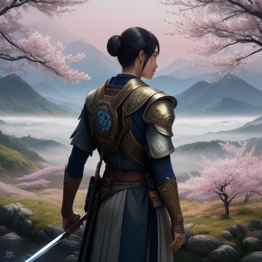 Mysterious Warrior in Misty Mountains: Pointillism Style