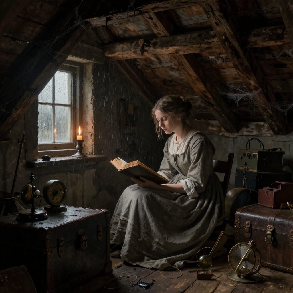 Regency Woman Reading in Dusty Attic, Dutch Golden Age Style
