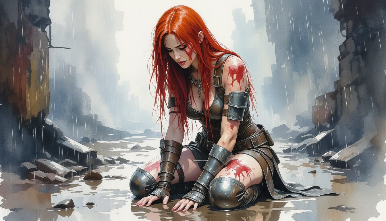 Gritty Fantasy Woman in Watercolor and Ink