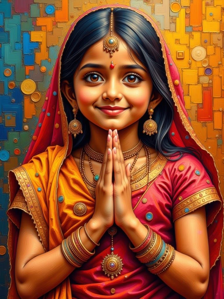 Indian Girl's Hands in Namaste Gesture, Impasto Style