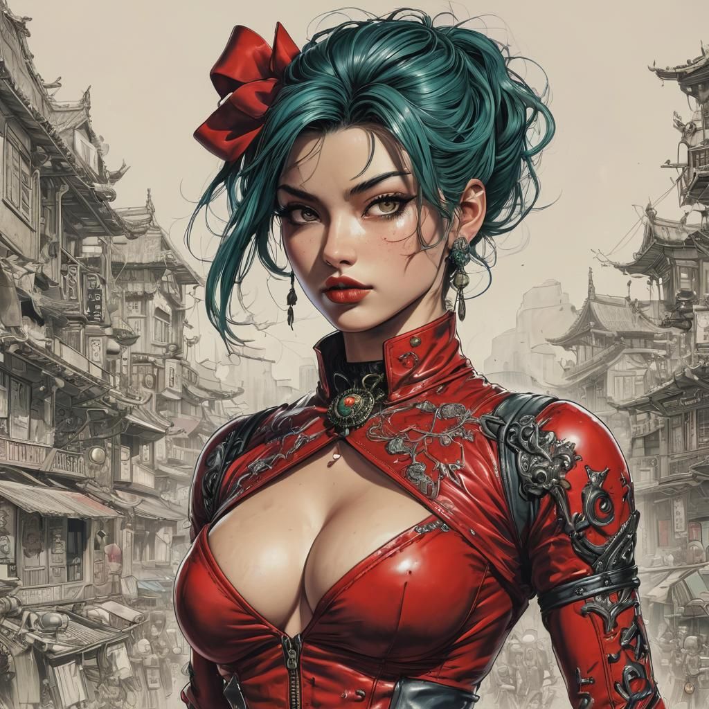 Woman with Teal Hair in Anime Style