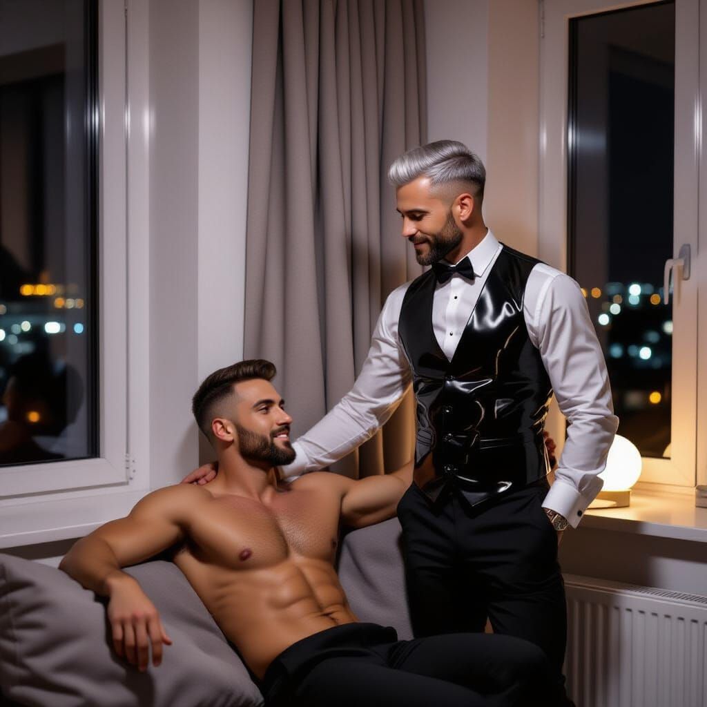 Gay Couple in Cozy Brutalist Apartment at Night