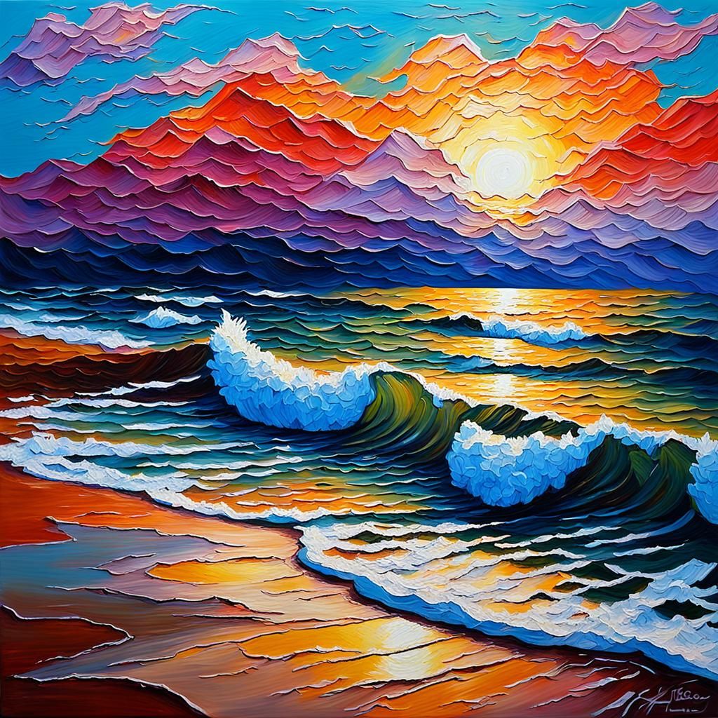 Sunset Beach Scene as Impasto Painting