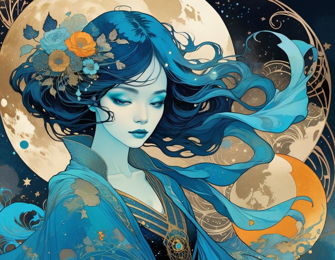 Cosmic Blue Ghost Serenade in Art Nouveau Style