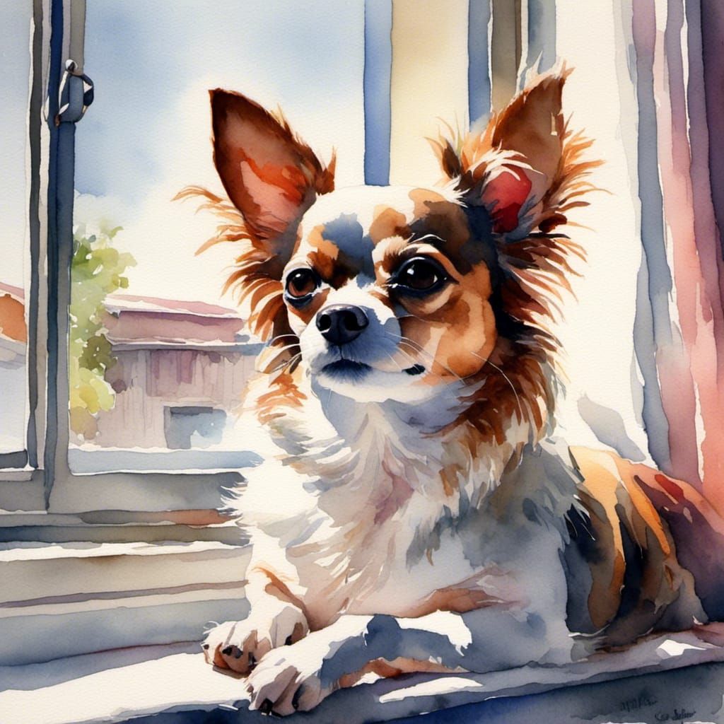 Chihuahua Dog Watching World From Windowsill in Watercolor