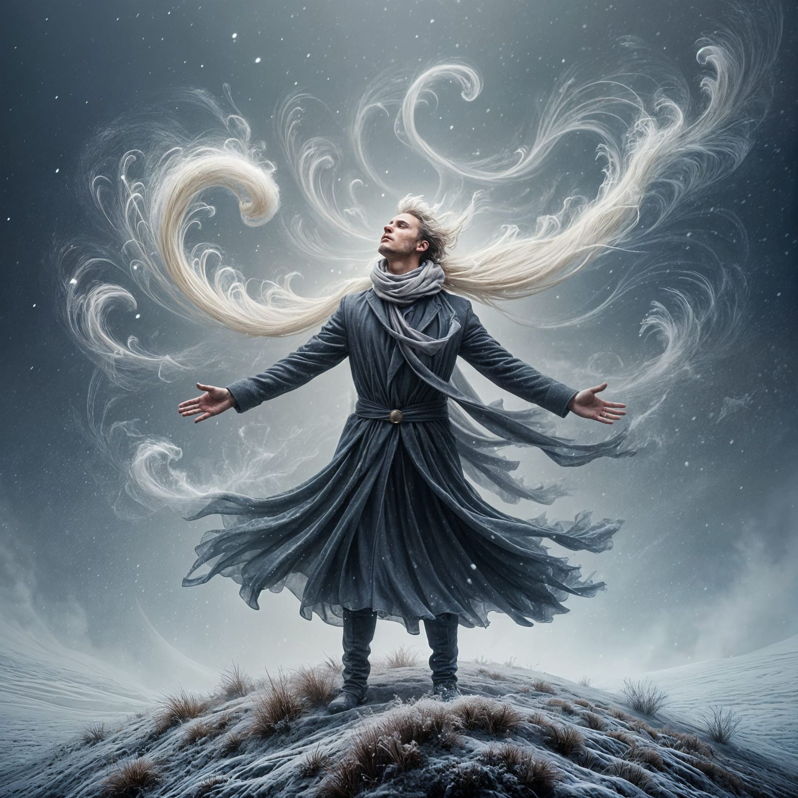 Man Standing in Snowy Winter Storm with Ethereal Quality