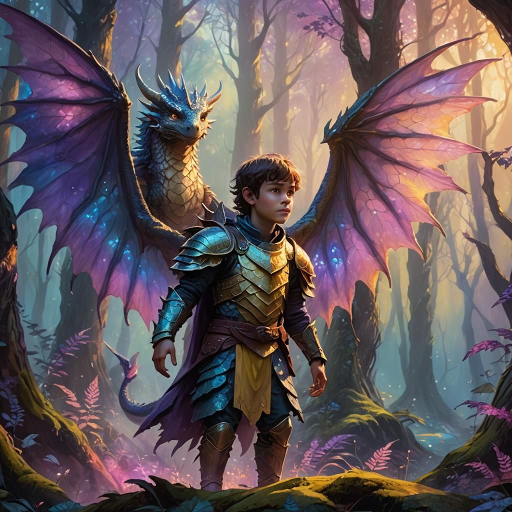 Dragonborn Child in Mystical Forest: Fantasy Art