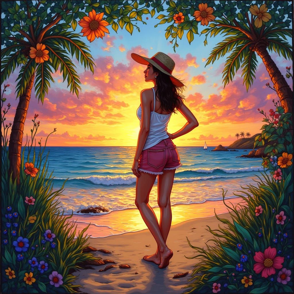 Stained Glass Woman at Sunset on Beach