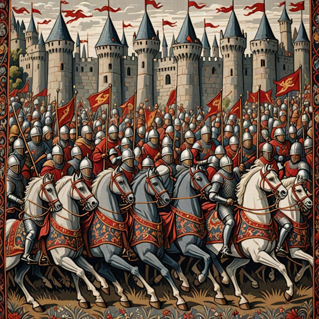 Medieval Knights Jousting in Tapestry Art Style