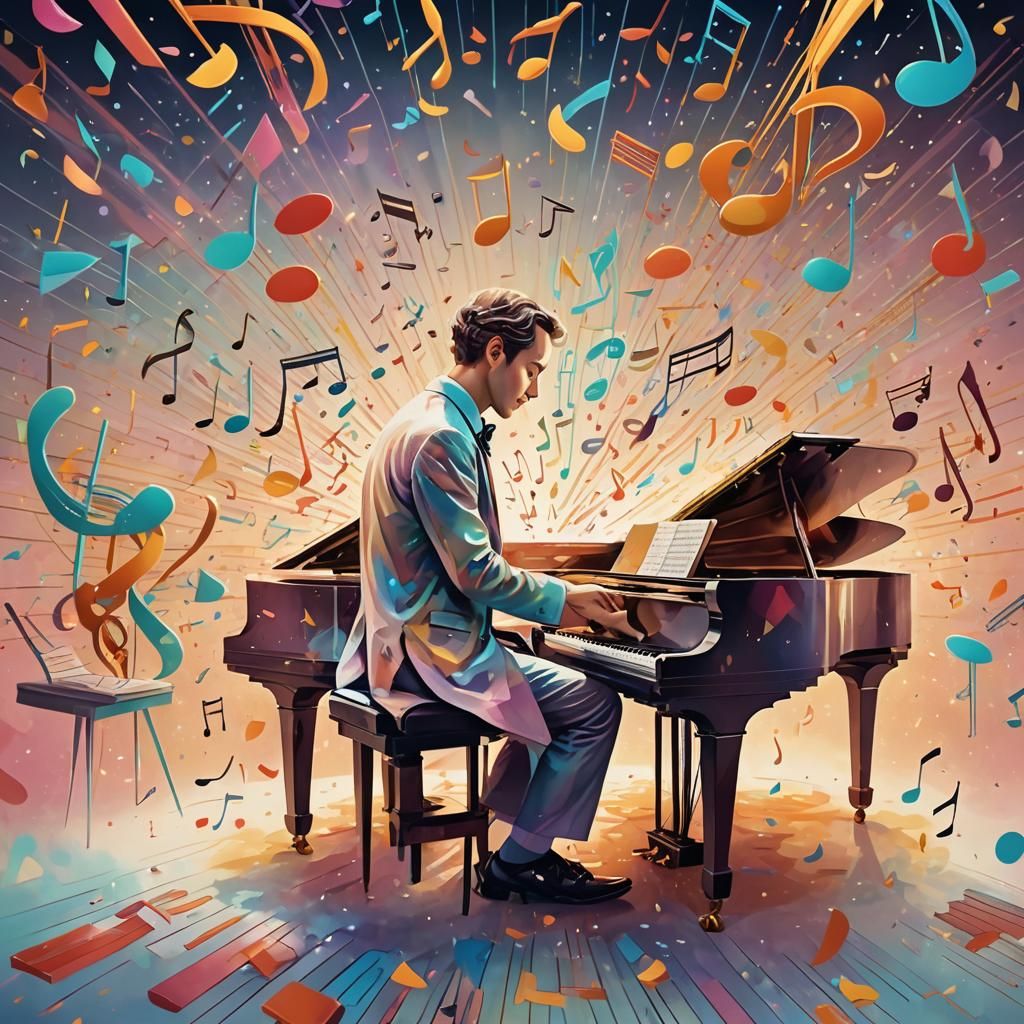 Surreal Pianist Surrounded by Colorful Notes