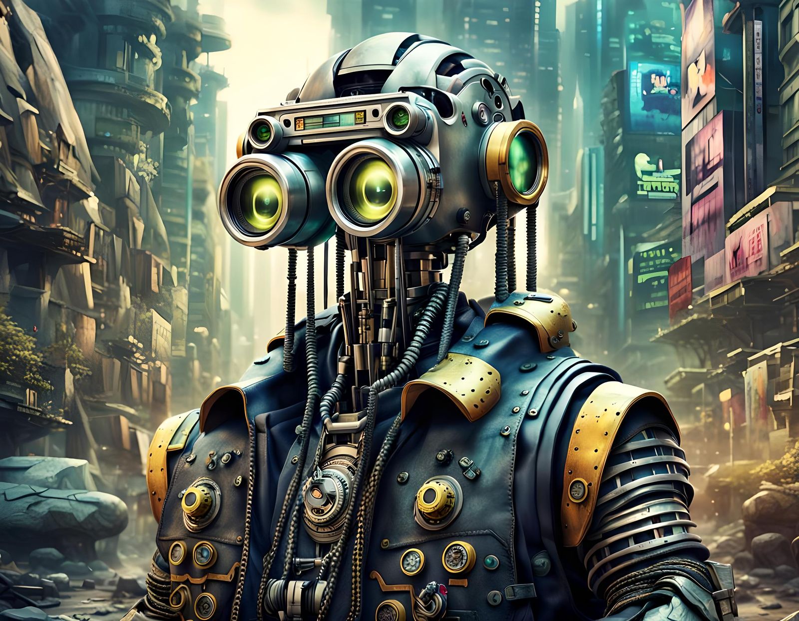 Cyberpunk Robot in Lost City: HD Photo